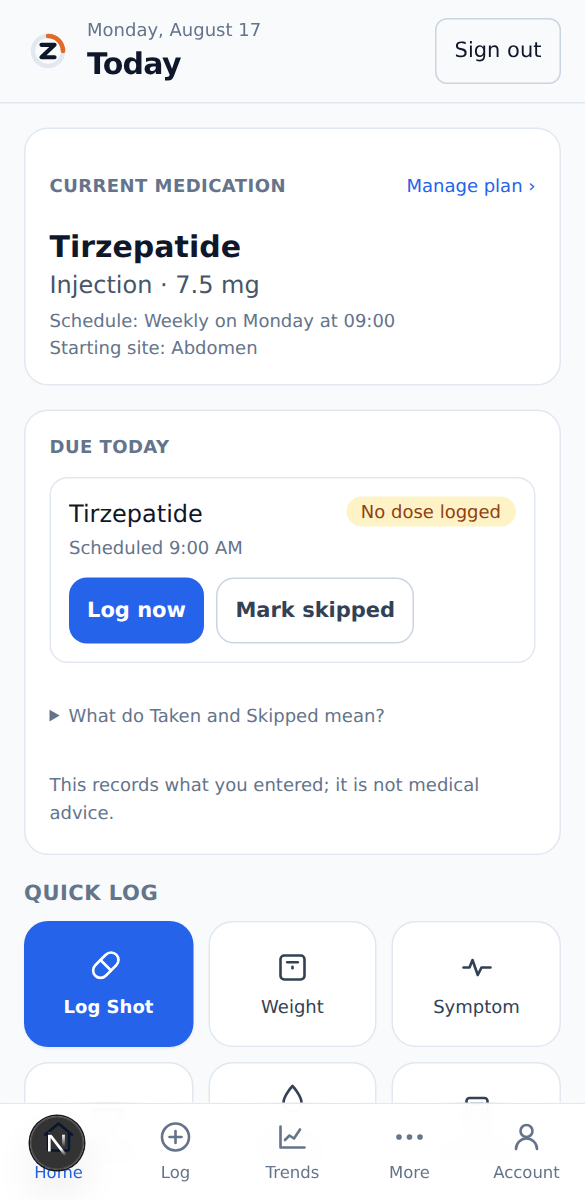 Zeppy home screen showing the current medication plan and a dose due today, with Log now and Mark skipped buttons.