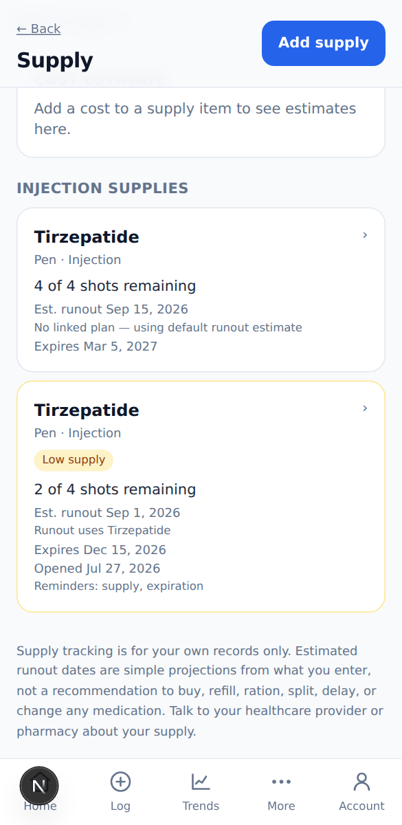 Zeppy supply screen listing two pens with shots remaining, estimated runout dates, expiration dates, and a low supply badge.